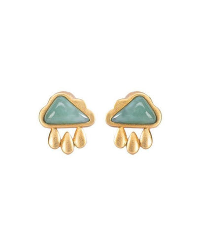 Pendientes Vogue de plata de ley verde con forma de nube de jade dorado y gotas de agua 