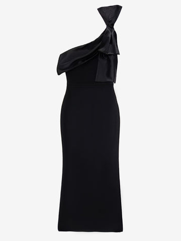 Schwarzes Partykleid mit One-Shoulder-Schleife, asymmetrisch, elegantes Maxikleid 