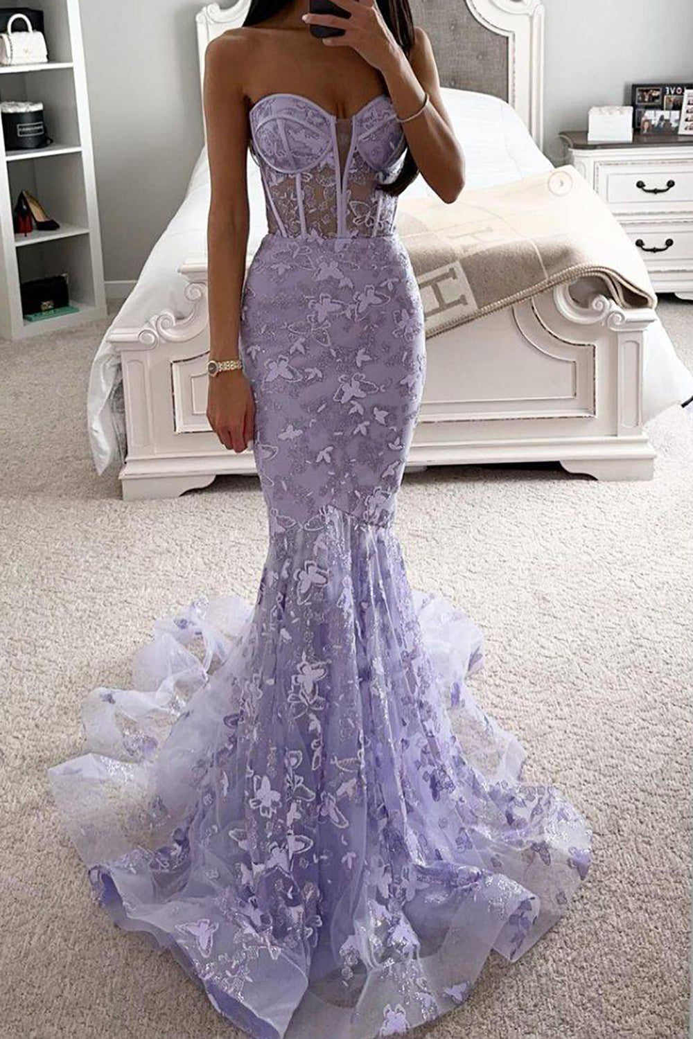 Wunderschönes, blaues Meerjungfrauen-Abendkleid mit Korsett und Stickereien