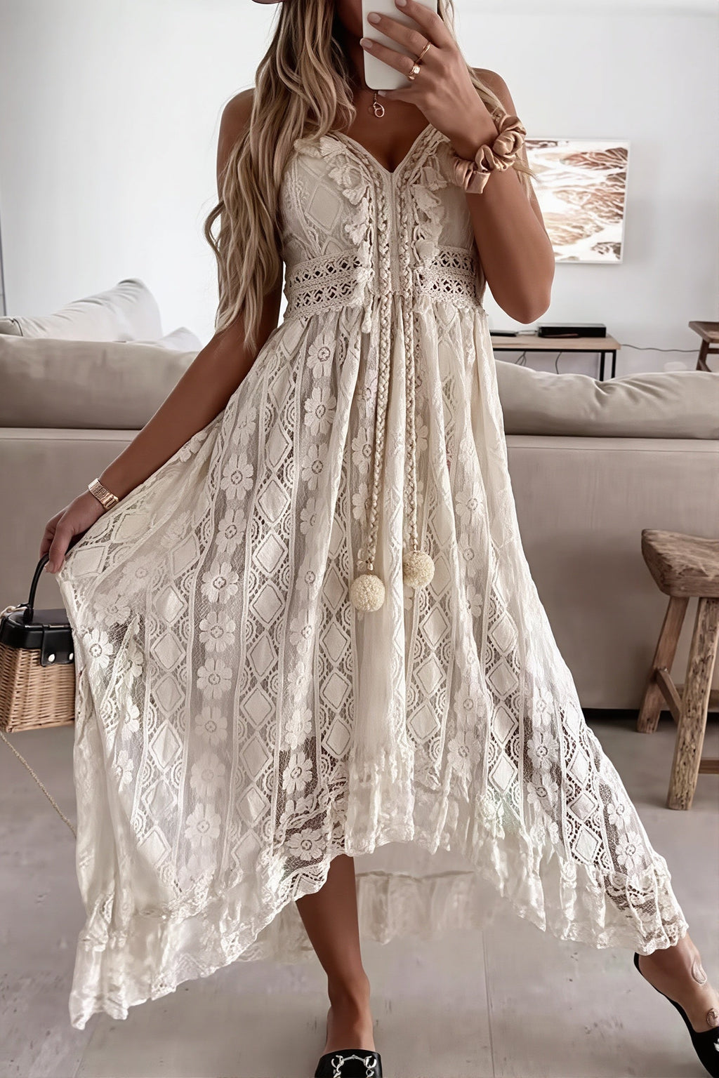 Lace Cami Solid Swing Long Boho Dress
