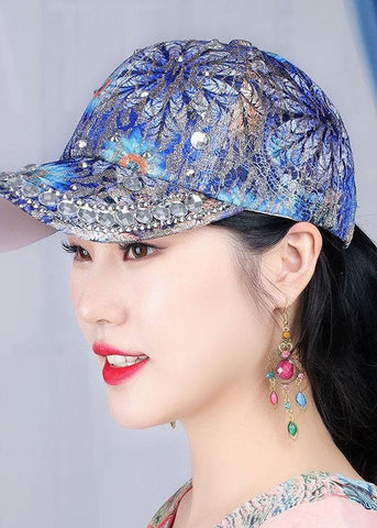 Gorra de béisbol de algodón con parches y estampado de circonitas azules elegantes 