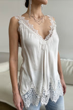 Solid V Neck Lace Trim Tank Top