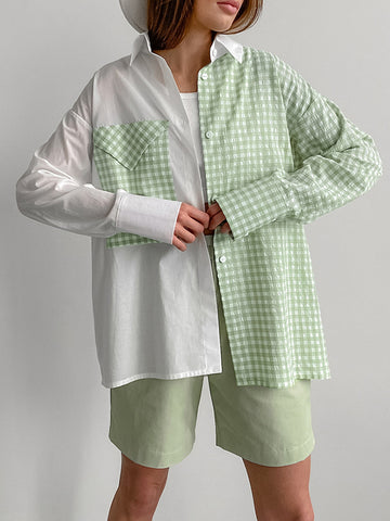 Long Sleeves Loose Buttoned Contrast Color Plaid Pockets Split-Joint Lapel Blouses&Shirts Tops