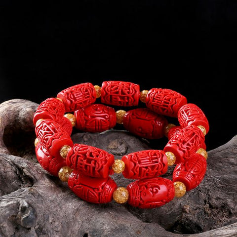 Red Cinnabar Chinese Carving Beads Elastic Bracelet