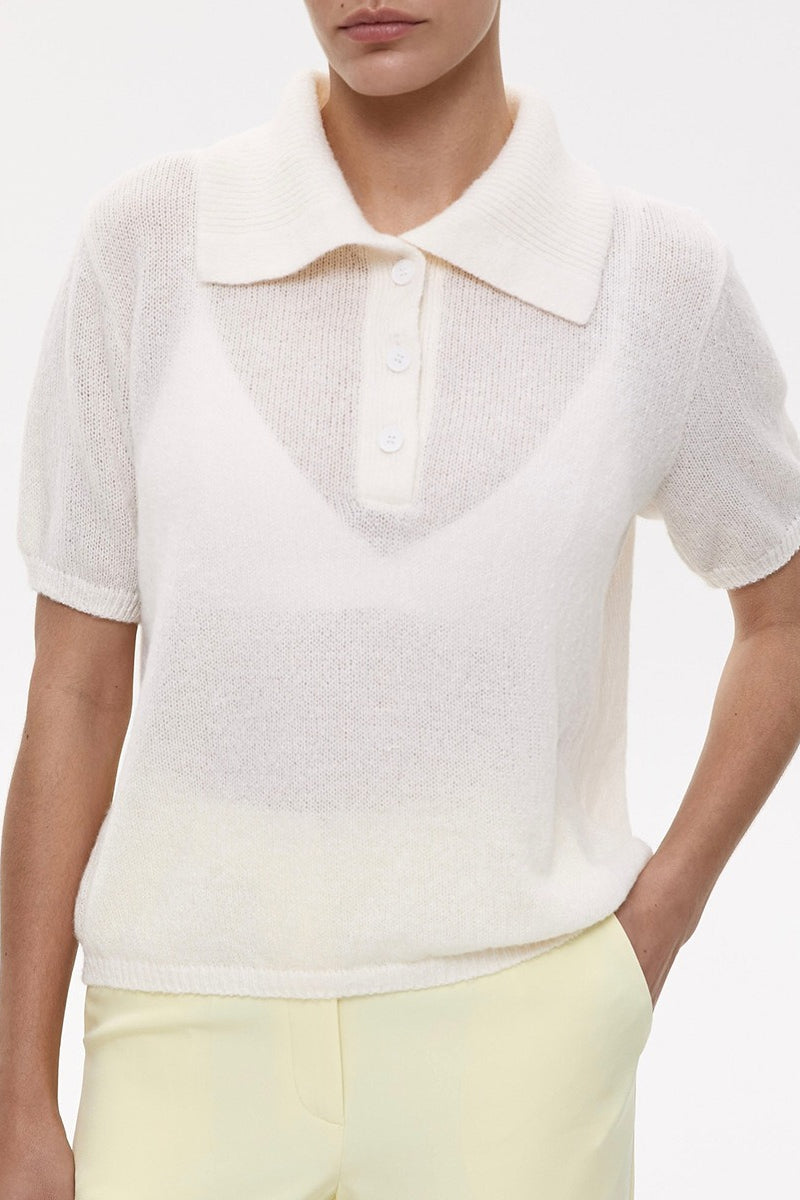 Minimalist Polo Hollow Knit Puff Sleeve Blouse