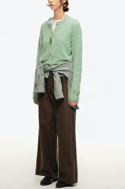 Retro Crew-Neck Green Knit Cardigan