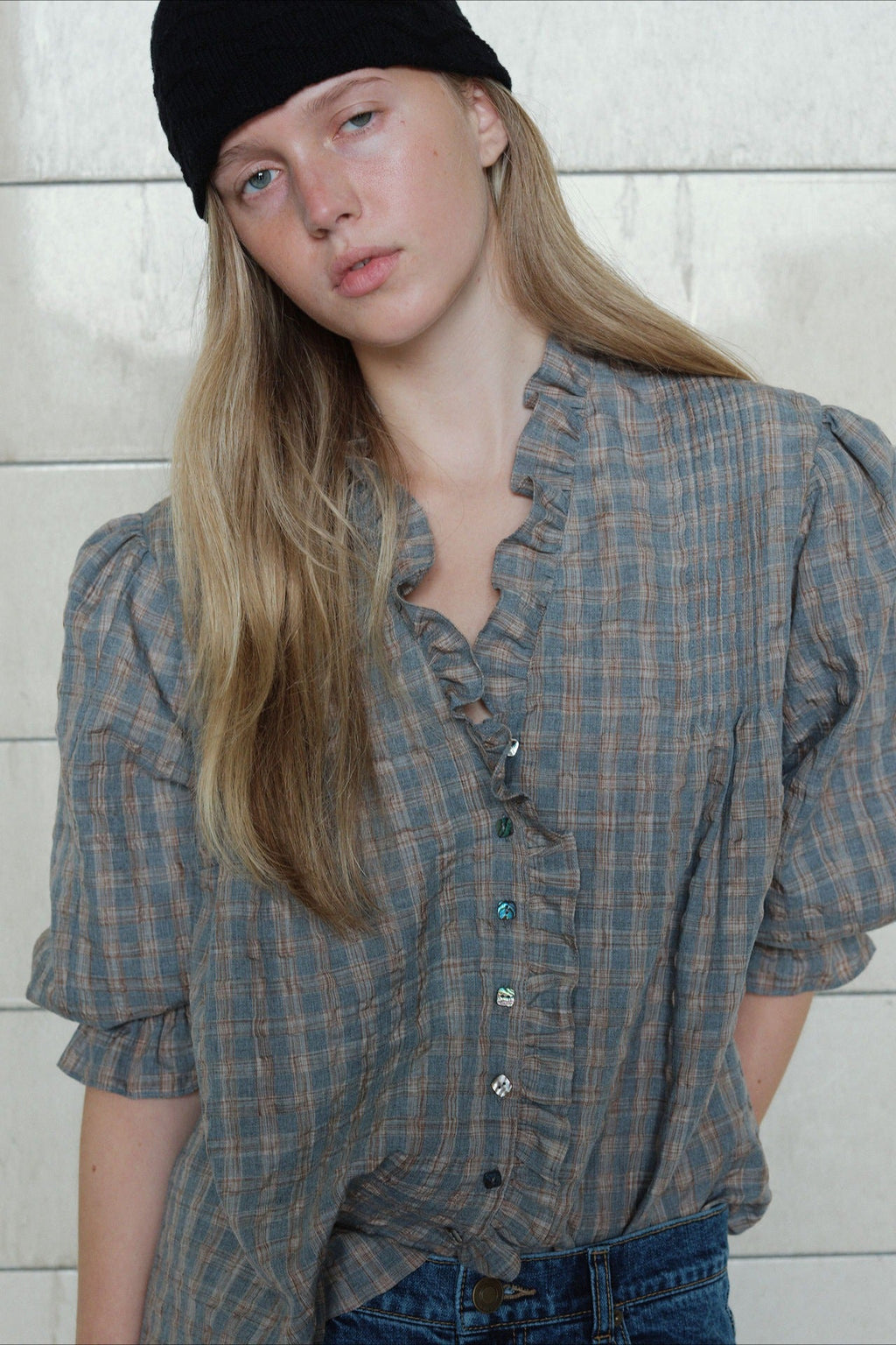 Casual Plaid Ruffle Long Sleeve Blouse