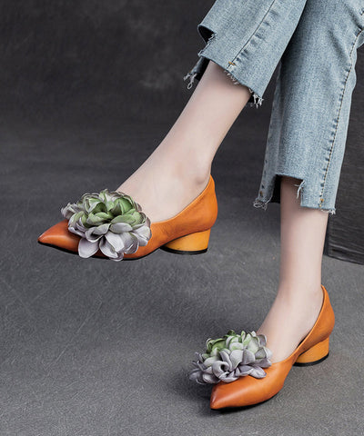 Retro Kamel Blumen Spitzschuh Rindsleder Flache Schuhe 