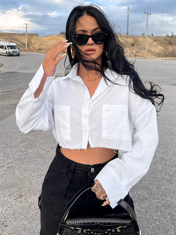 Camisas casuales con bolsillo de solapa Tossy para mujer, top corto holgado de retazos de manga larga, atuendo Y2k, blusa tipo cárdigan de calle lisa