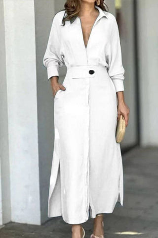 Vestido midi de manga larga con escote en V, cinturón y bolsillos con botones 