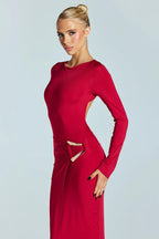 Sexy Backless Metal Decor Round Neck Sleeve Maxi Dress