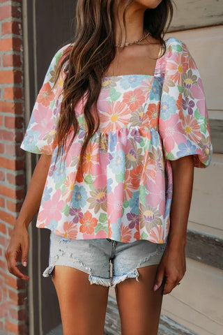 pink floral puff sleeve blouse