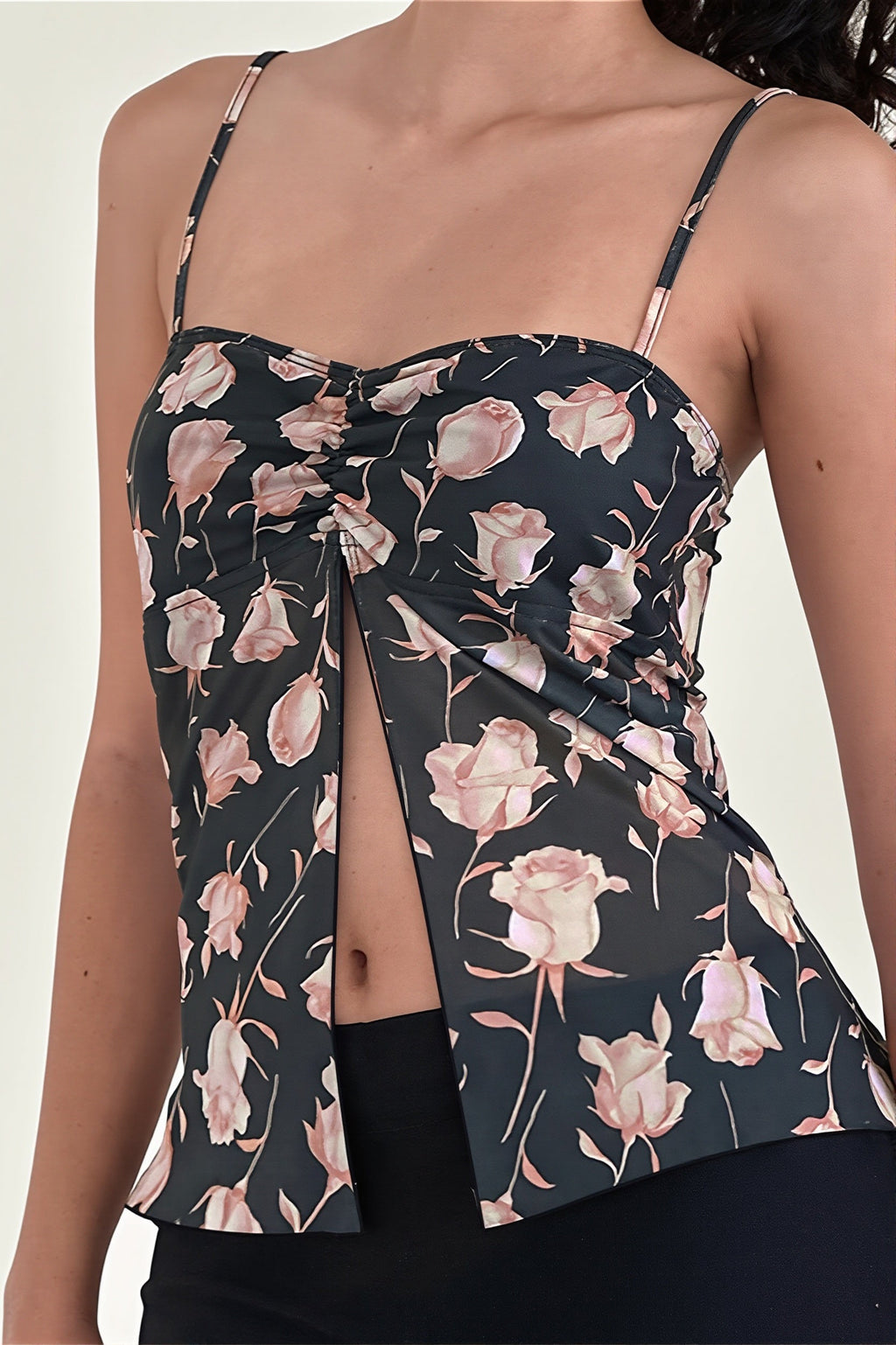Mesh Rose Print Split Cami Top