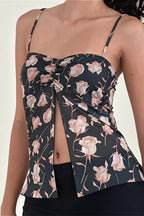 Mesh Rose Print Split Cami Top
