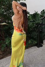 Elegant Contrast Color Floral Print Swing Collar Maxi Dress