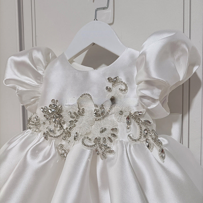Lindo vestido de primera comunión con flores tridimensionales de satén blanco para niña, vestido de fiesta para niña pequeña 