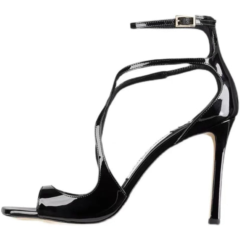 Sandalias romanas con hebilla cruzada de una línea morada para mujer, tacón fino, punta abierta, tacones altos, novedad de verano 