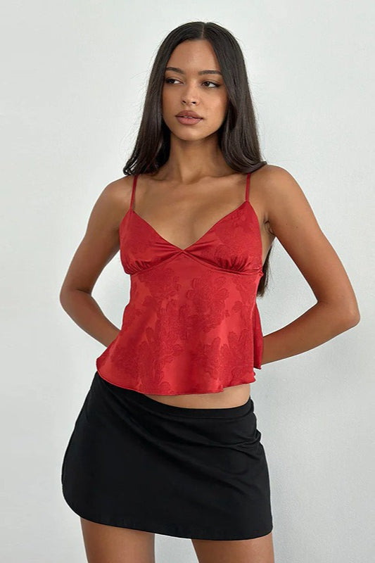 Minimal Deep V Solid Floral Jacquard Cami Top