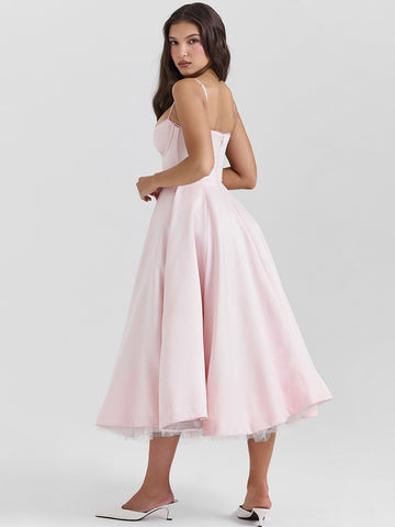 Pink Corset Dress Spaghetti Straps Backless Brunch Birthday Party Midi Dresses