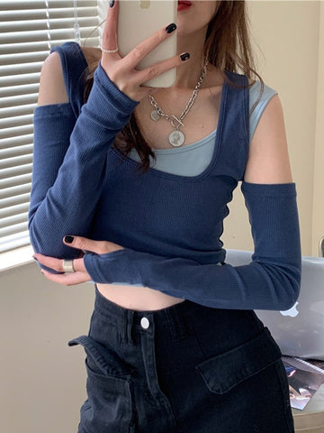 Sexy Patchwork Long Sleeve T-shirts Women Slim Fit Fashion Crop Tops Hot Girls Irregular Skinny Elegant Casual Off-shoulder Tees