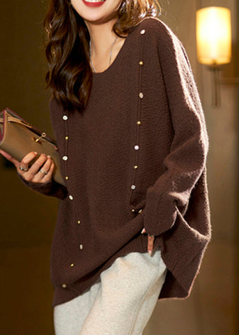 Blusa de punto con cuentas y cuello redondo color café para mujer, manga larga 
