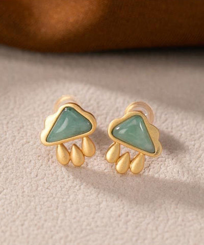 Pendientes Vogue de plata de ley verde con forma de nube de jade dorado y gotas de agua 