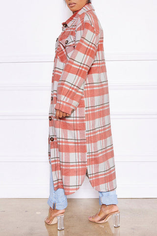 Casual Plaid Print Patchwork Buckle Turndown Collar Outerwear