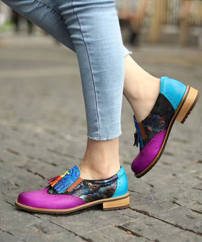 Colorblock Women Splicing Chunky Flat Shoes Cowhide Leather