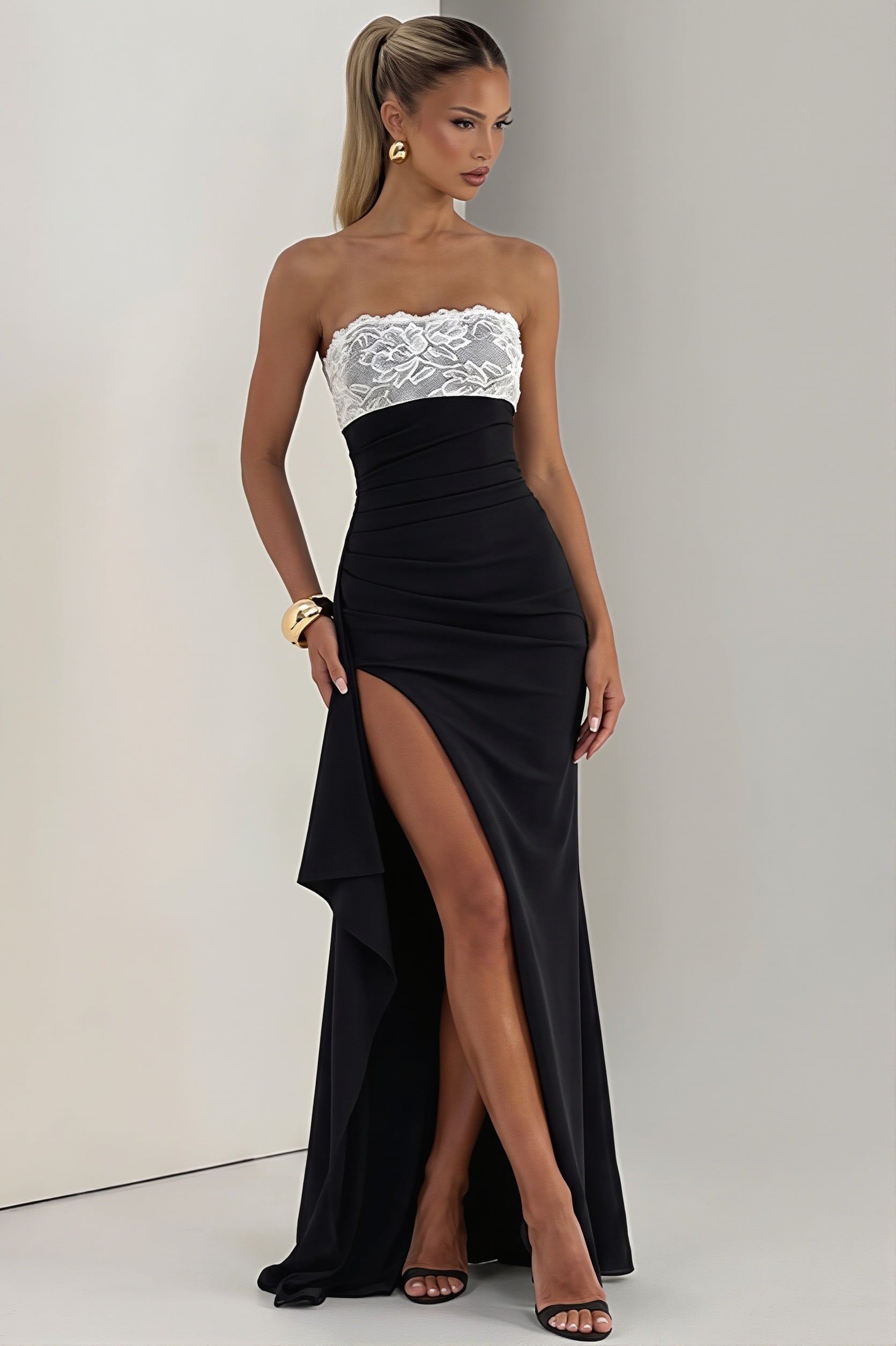 Chic Lace Trim Strapless Bodycon Slit Maxi Dress