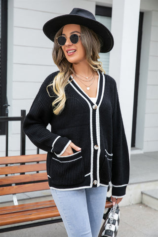 Abrigo tipo suéter con cuello en V y bolsillos a juego de colores para mujer, talla grande 