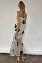 Elegant Polka Dot Strapless Sheer Slim Maxi Dress