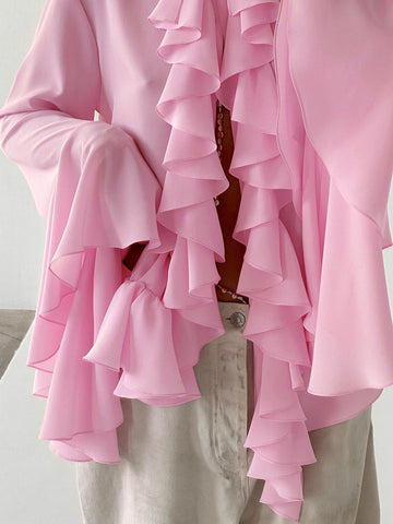 Bluse aus transparentem Chiffon mit Rundhalsausschnitt, Glockenärmeln und Wasserfall-Rüschen 
