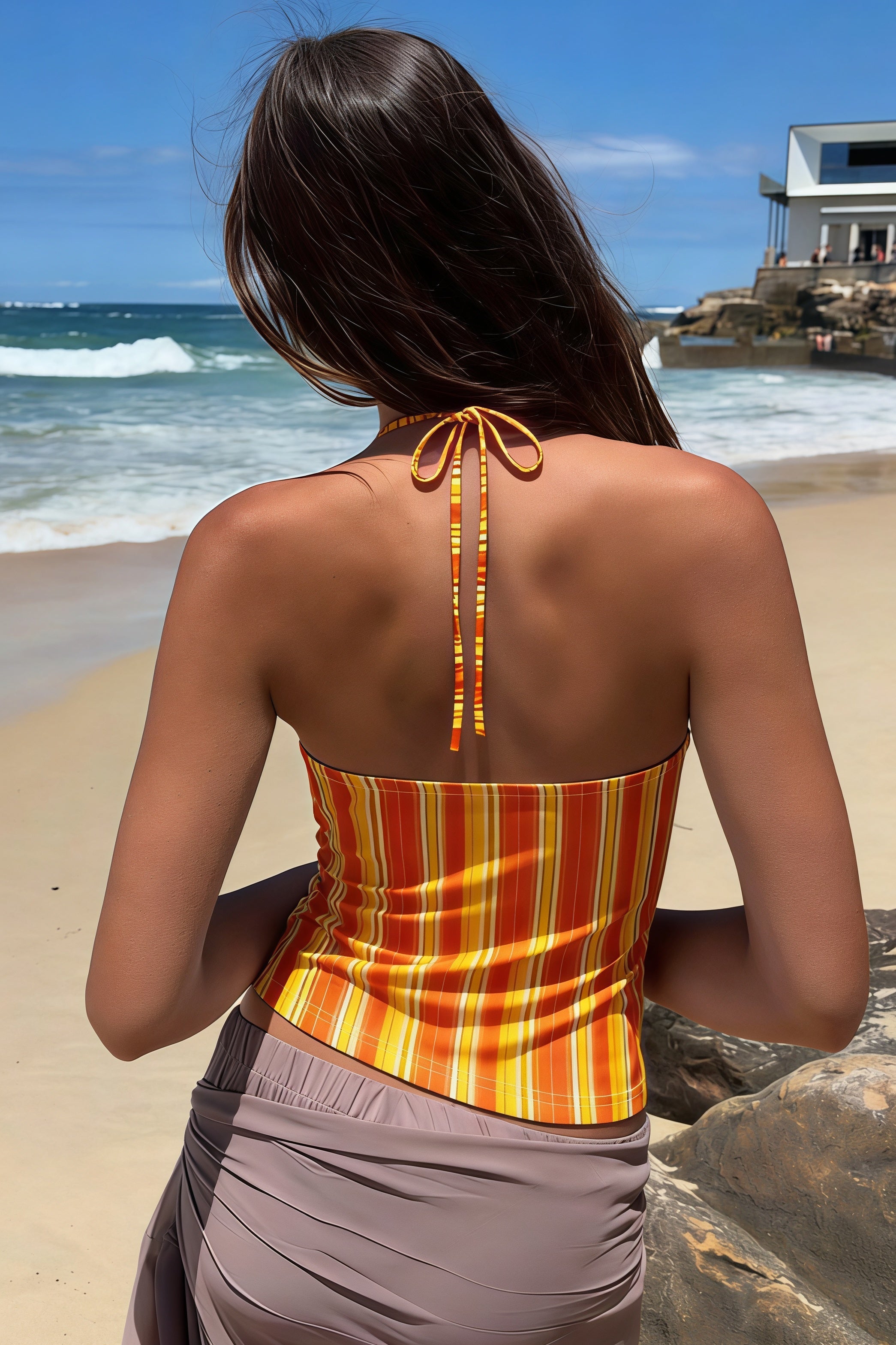 Lace Spliced Orange Striped Halter Top