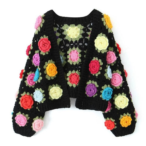 TARUXY Knitted Cardigan Women Autumn Hollow Out Splice Flower Short Sweater Vest Women's Street Fashion Vitage Sweater Woman New