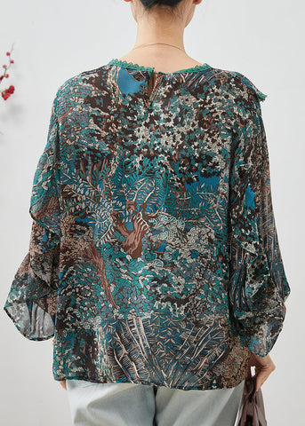 Boho Grün Rüschendruck Chiffon Tops Laternenärmel 