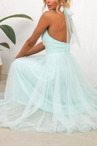 Vestido largo con cuello halter y detalle fruncido de tul Fairy Vibes 