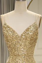Glitzerndes Meerjungfrauen-Abendkleid mit Spaghettiträgern, goldenen Pailletten und Schlitz vorne