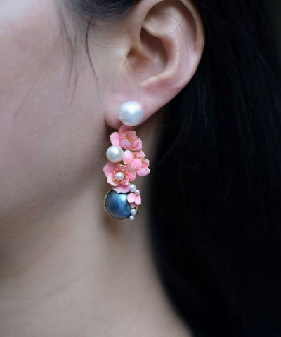 New Pink Sterling Silver Pearl Floral Stud Earrings