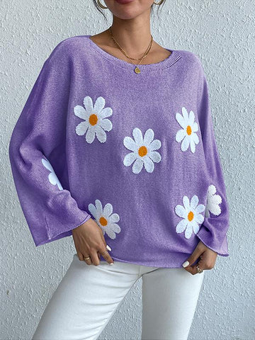 Suéter suelto con mangas de murciélago y bordado floral 