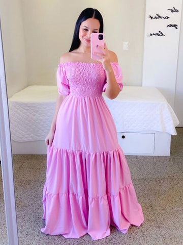 A-Linien-Kleid, gesmokt, kurze Ärmel, gestufte Rüschen, Sommer-Maxikleider 