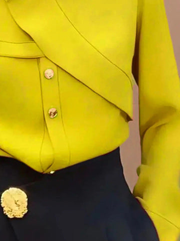 Long Sleeves Loose Asymmetric Buttoned Lapel Blouses&Shirts Tops