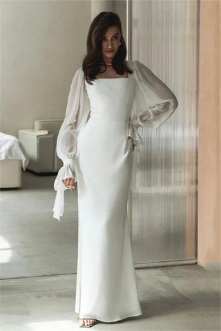 Vestido midi liso con cuello cuadrado y mangas farol 
