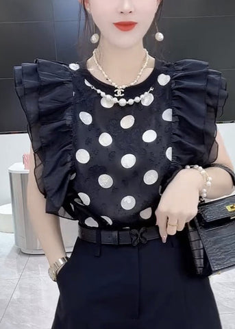 Nueva blusa de gasa negra con cuello redondo y volantes estampados de verano 