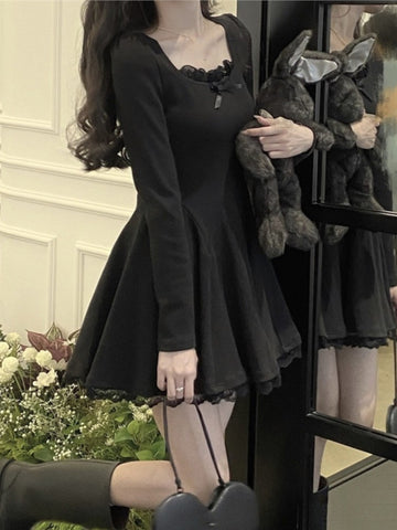 Süßes gestricktes Minikleid für Frauen, Langarm, Schleife, Spitze, quadratischer Kragen, Herbst, Frühling, A-Linie, Party, Robe, koreanische Y2K-Mode, Vestidos 
