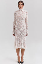 Round Neck Lace Long Sleeve Mermaid Midi Dress