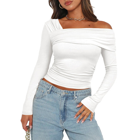 CUTENOVA - Camiseta básica lisa con hombros descubiertos para mujer, camiseta de manga larga, camiseta suave y encogida, top versátil de calle para uso diario en otoño 