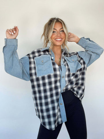 Herbst Winter Denim Nähte Plaid Mantel Lose Top Frauen 