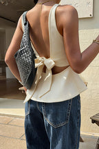 Backless Bow Tie Ruffle Hem Tank Top