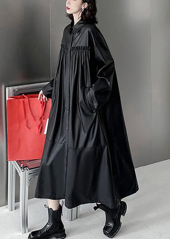 Mode Schwarz Peter Pan Kragen Kunstleder Patchwork Faltig Taste Trenchcoats Langarm 