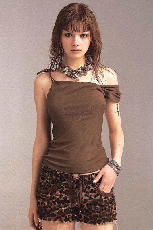 Ruched One Shoulder Knot Tie Asym Cami Top